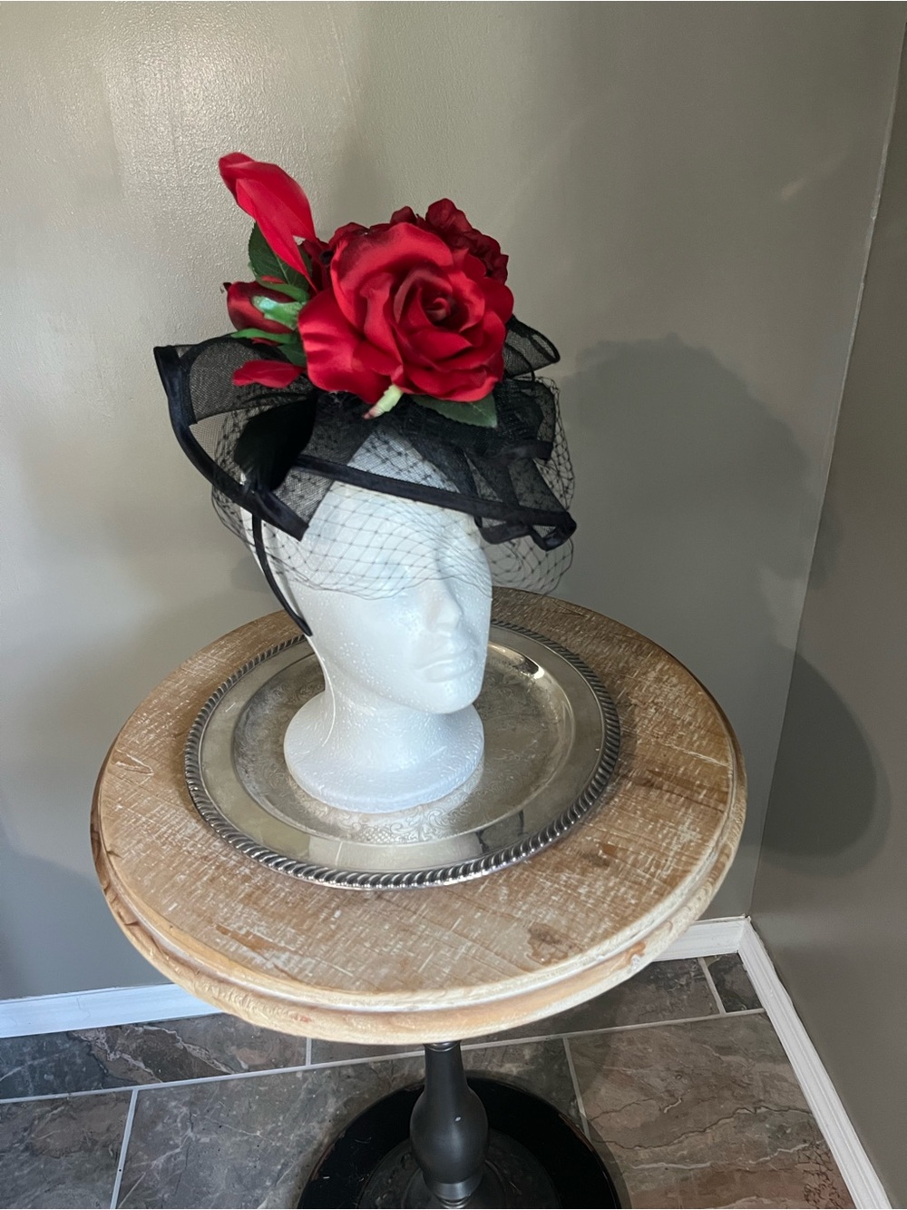 Black Fascinator Headband with Red Rose Accent